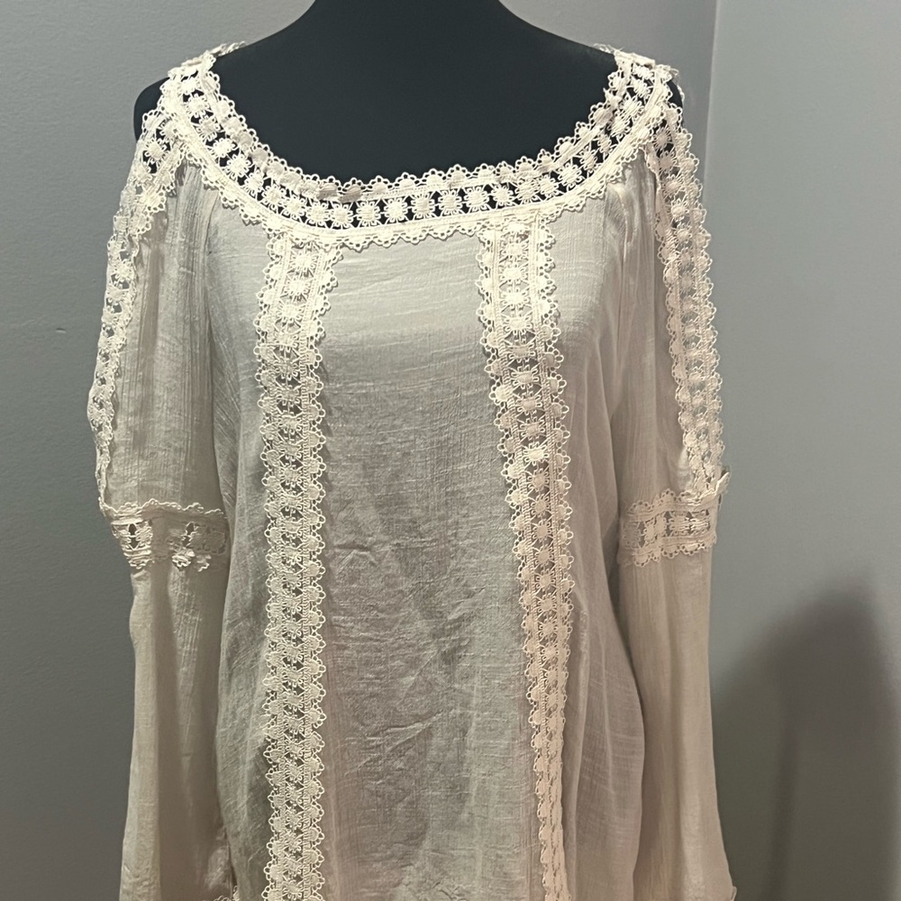 Zac & Rachel Cold Shoulder Crochet Top Women’s Blouse Size Large Ivory/Cream